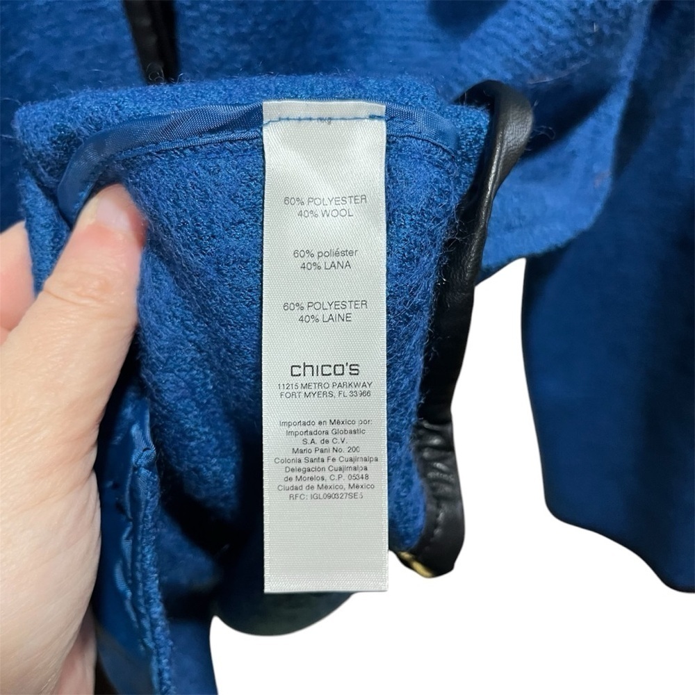 CHICO’S ~ Blue Wool Blend Coat with Black Piping - Picture 3 of 8